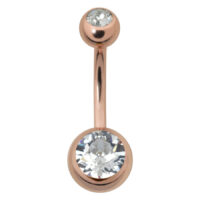 Banane en or rose avec pierres cristallines Piercing de nombril en or rose avec deux pierres cristallines sur fond blanc