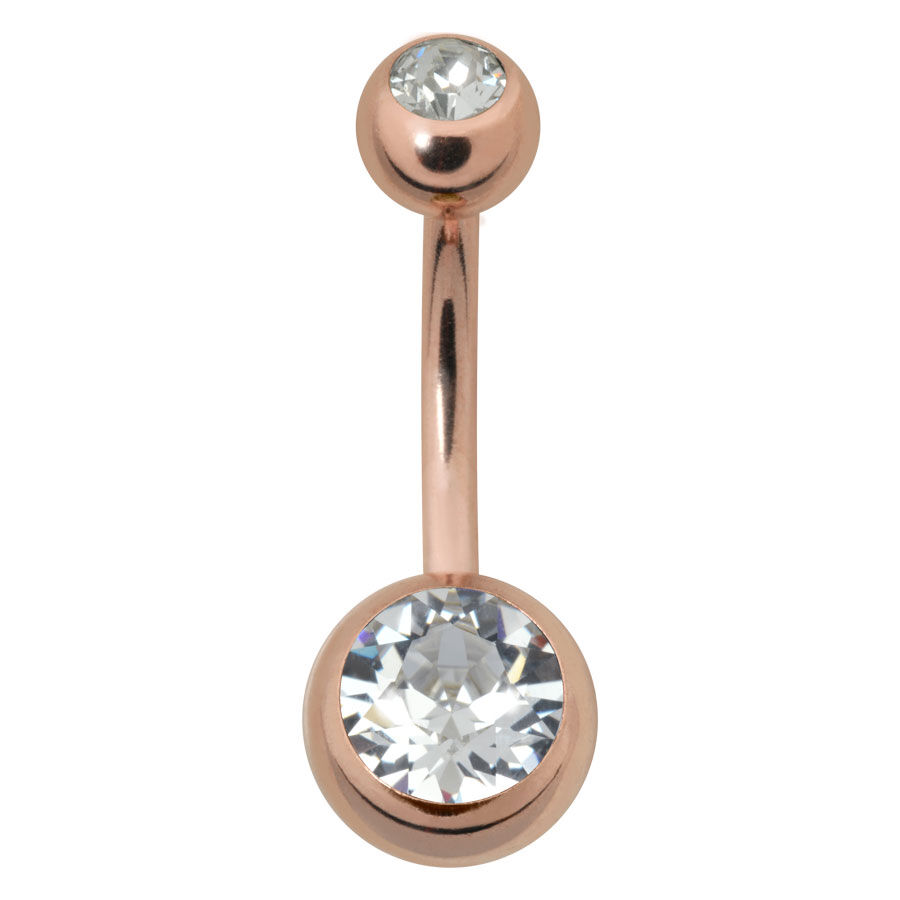 Banane en or rose avec pierres cristallines Piercing de nombril en or rose avec deux pierres cristallines sur fond blanc