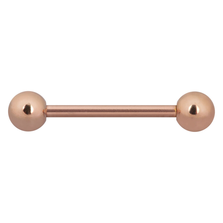 Barbell piercing en or rose Barbell piercing en or rose avec deux boules sur fond blanc