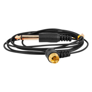 Clipcord RCA noir avec connecteurs dorés sur fond blanc