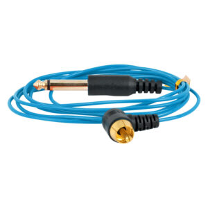 Clipcord RCA bleu avec câble en silicone sur fond blanc