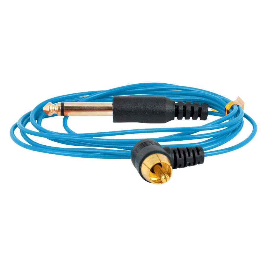 Ultra Fin RCA Clipcord Bleu Silicone Clipcord RCA bleu avec câble en silicone sur fond blanc
