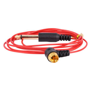 Clipcord RCA rouge avec connecteurs noirs sur fond blanc