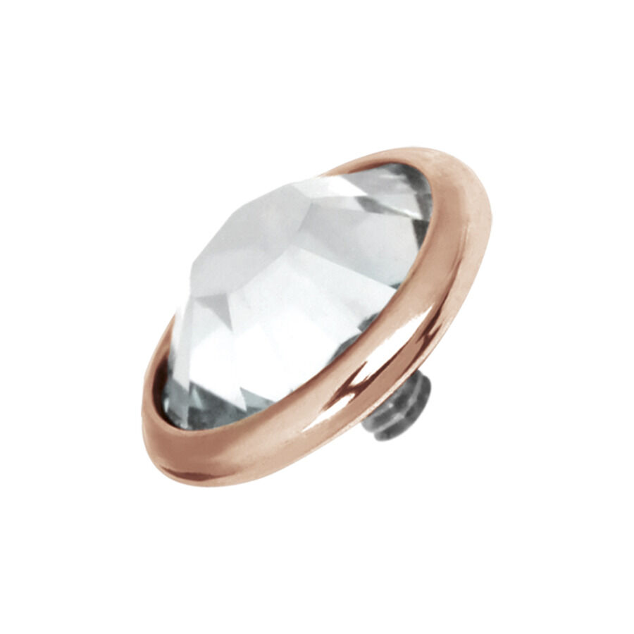 Embout de piercing en or rose avec cristal Embout de piercing rond en titane or rose avec cristal clair sur fond blanc