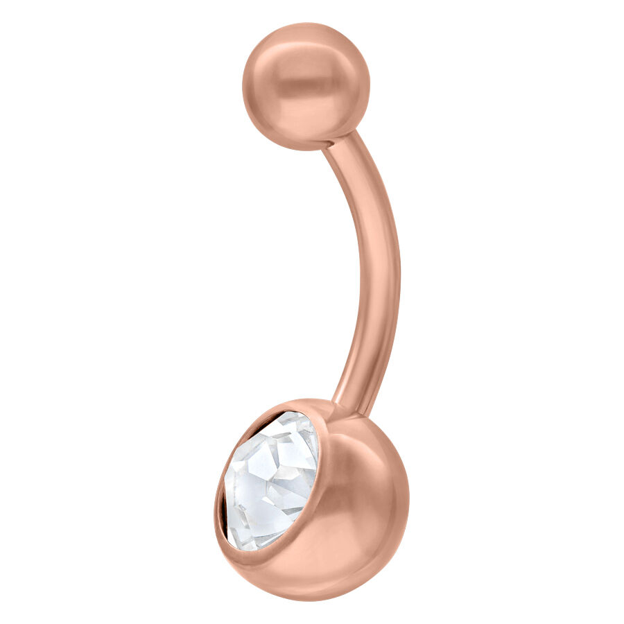 Banane de nombril en or rose avec cristal Banane en or rose en titane avec cristal clair sur fond blanc