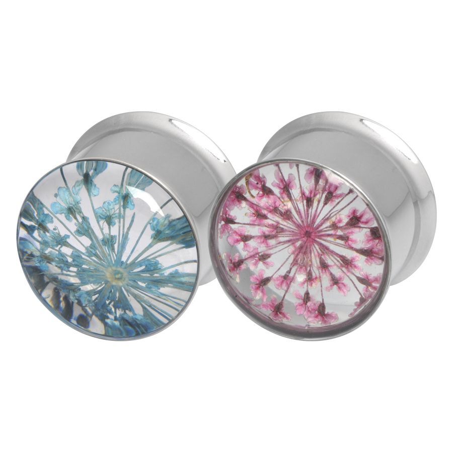 Plug fleur en bleu et rose en acier inoxydable Deux plugs ronds avec de vraies fleurs en bleu et rose sur acier chirurgical argenté