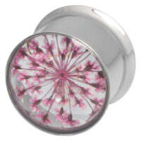 Plug avec design de vraies fleurs roses, 12 mm Plug en acier chirurgical argenté avec motif de fleurs roses, 12 mm