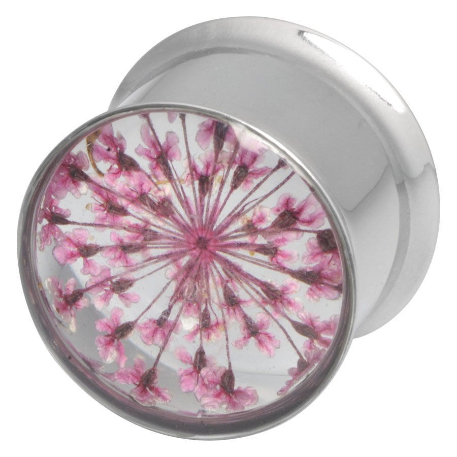 Plug avec design de vraies fleurs roses, 12 mm Plug en acier chirurgical argenté avec motif de fleurs roses, 12 mm