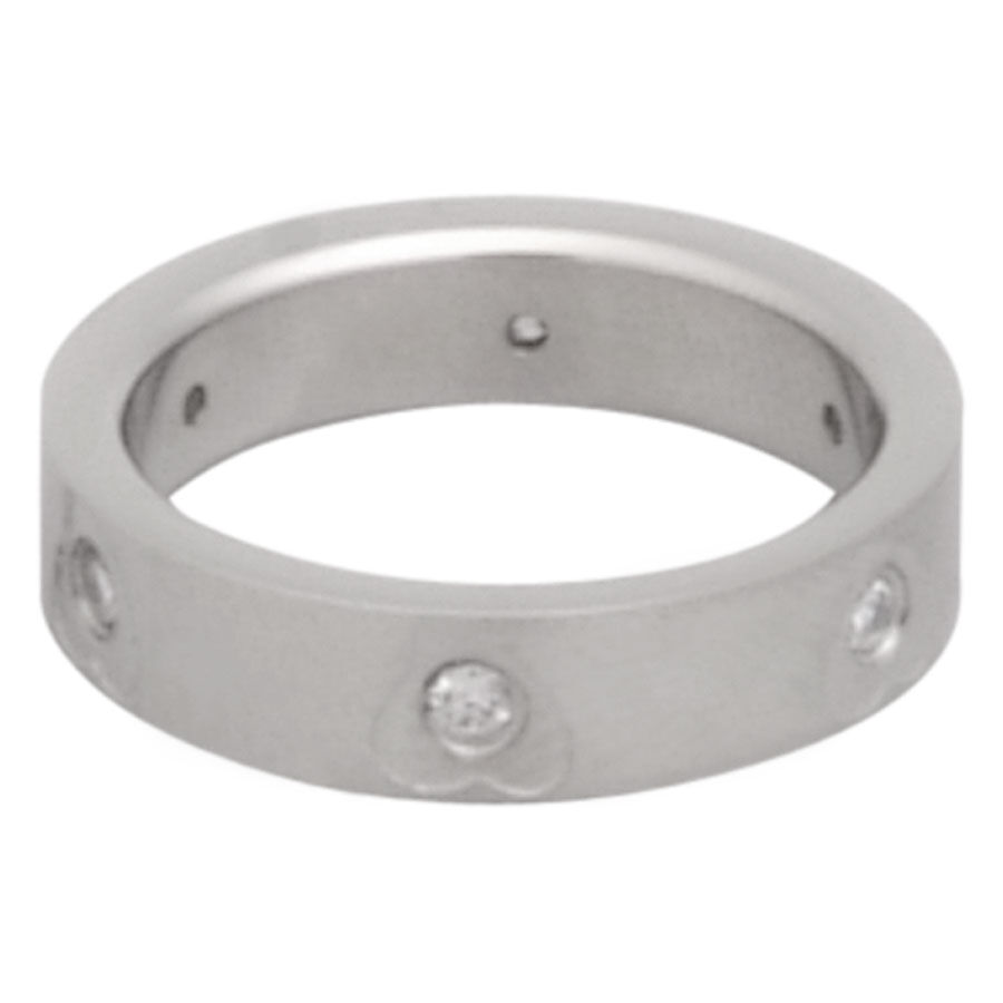 Bague en acier chirurgical argenté avec cristaux clairs sur fond blanc