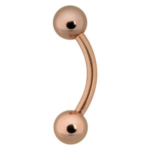 Piercing pour nombril en or rose avec deux boules sur fond blanc