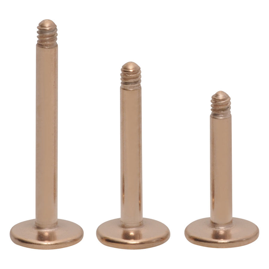 Steel Roseline Basic Labret en or rose Trois labrets en or rose en acier chirurgical avec filetage externe sur fond blanc