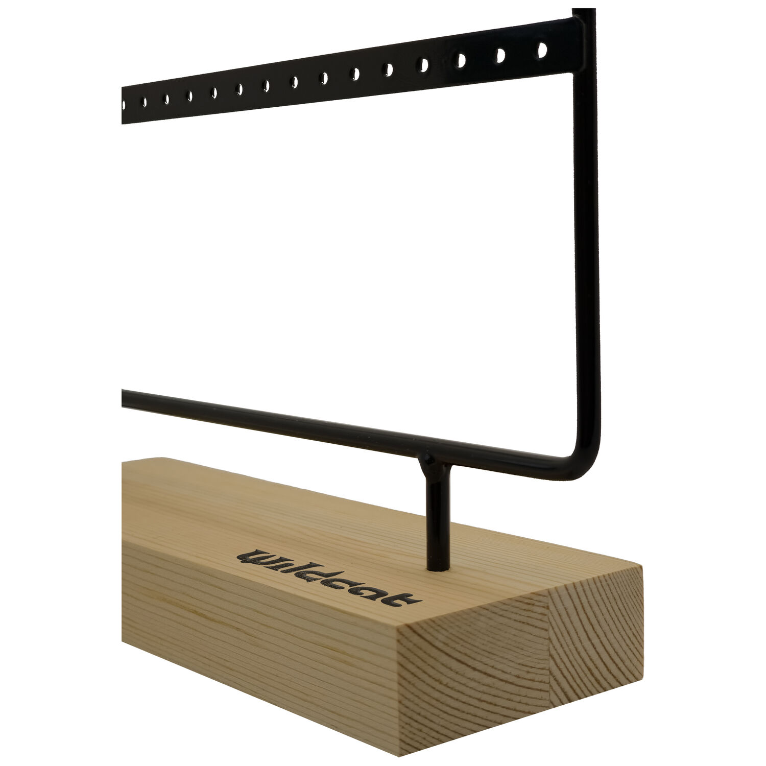 Présentoir à boucles d'oreilles noir sur support en bois Cadre de présentoir noir sur socle en bois clair avec logo Wildcat