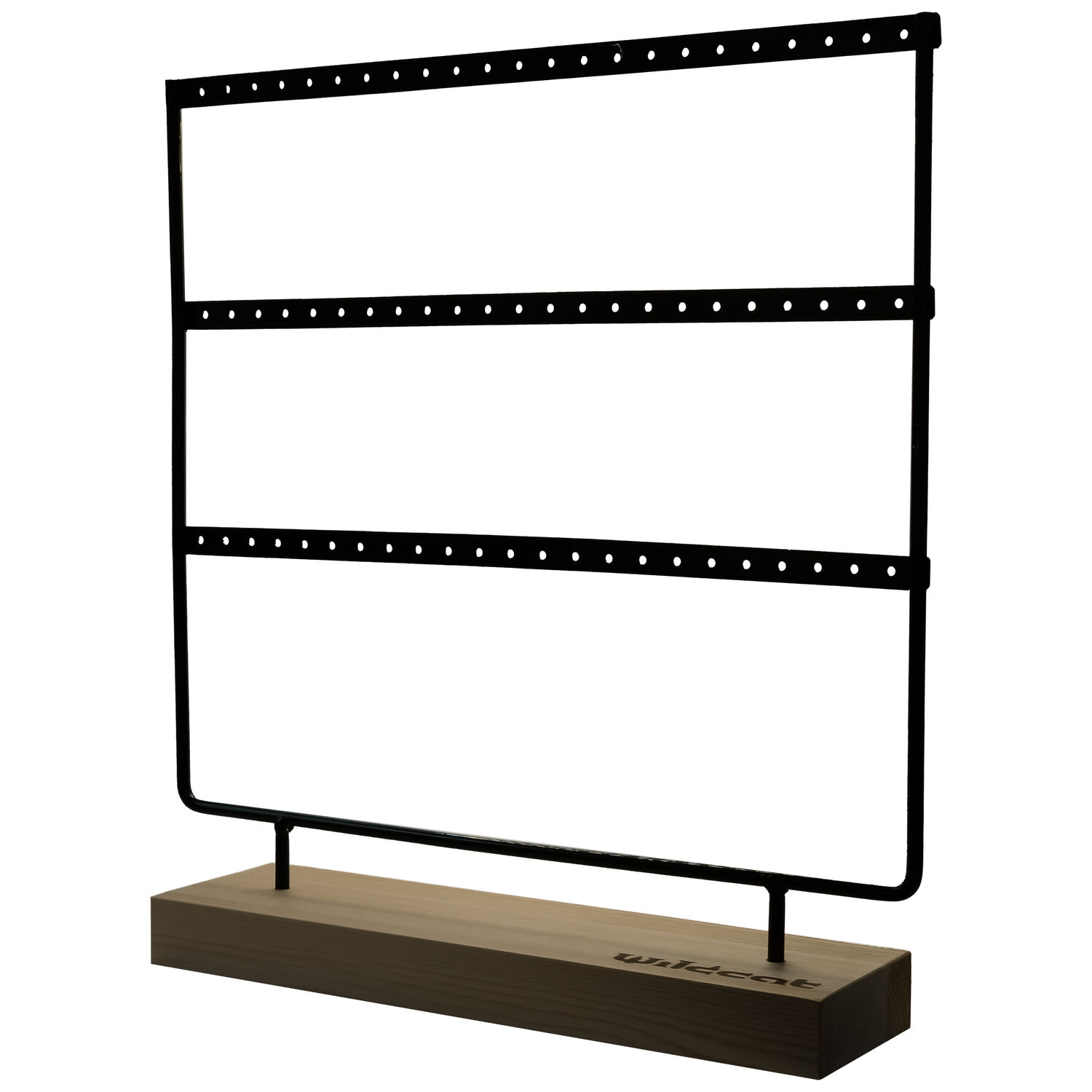 Présentoir noir pour bagues sur socle en bois Présentoir noir avec trois rangées pour bagues sur socle en bois rectangulaire