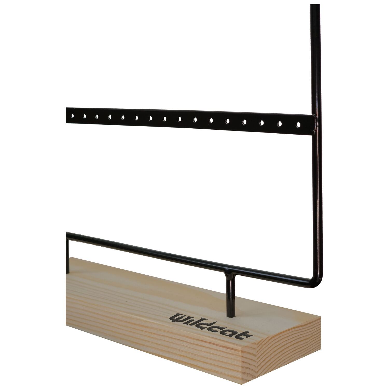 Présentoir noir pour Little Hoops sur base en bois Présentoir en métal noir pour boucles d'oreilles sur base en bois, vue latérale