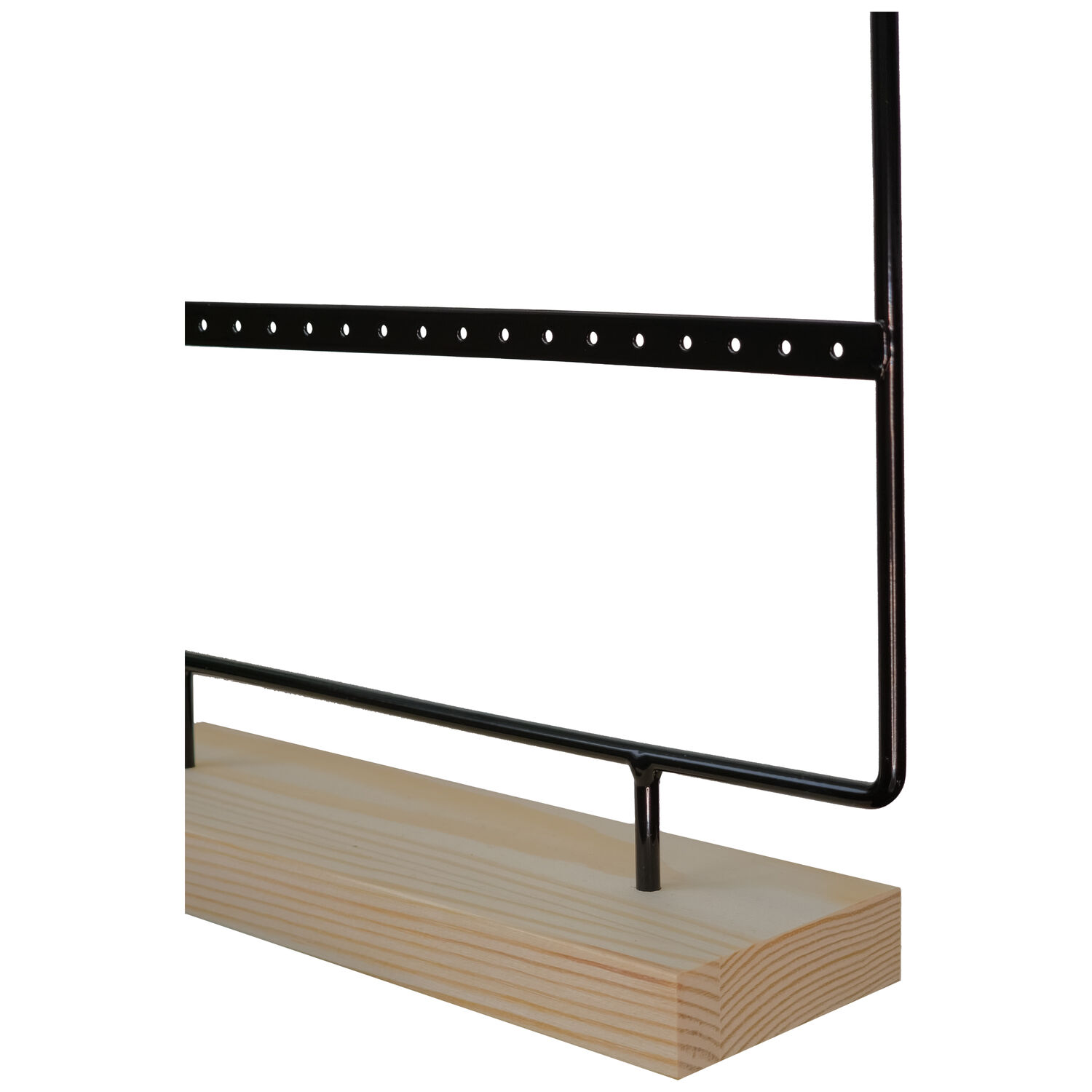 Support d'affichage noir avec socle en bois Cadre en métal noir sur socle en bois clair, minimaliste