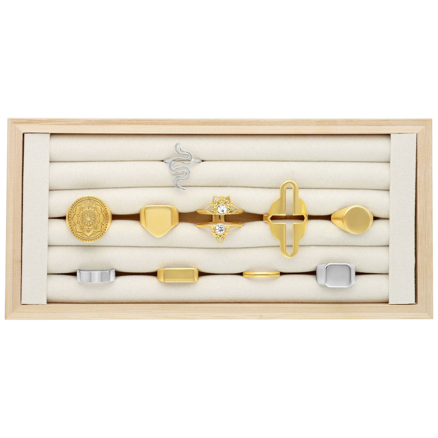 Présentoir noir pour bagues - présentation de bijoux Présentoir noir en bois avec plusieurs bagues sur fond beige