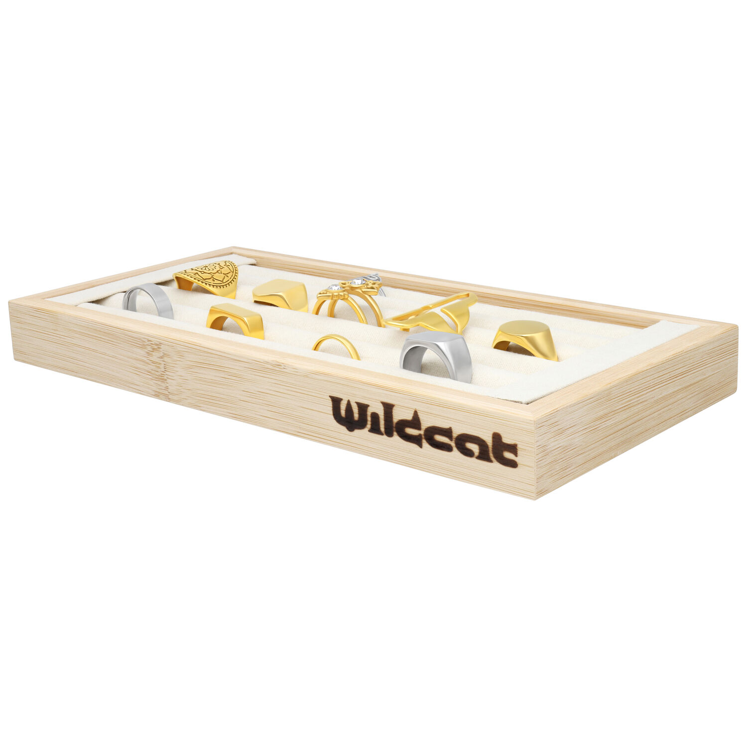 Présentoir à bagues noir de Wildcat Cadre en bois avec différents bagues sur fond blanc en présentoir