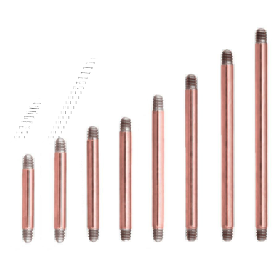 Ensemble de Barbell en Or Rose Sept barbell en or rose de différentes longueurs sur fond blanc