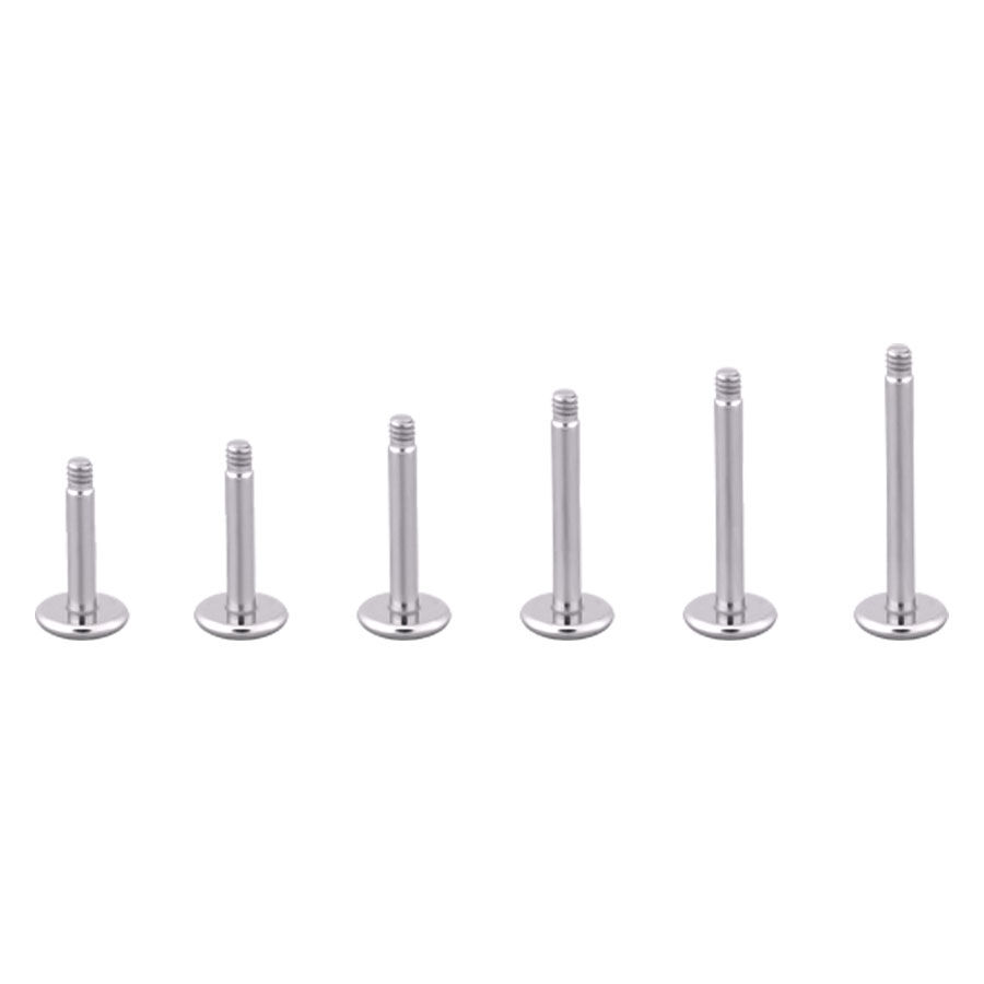 Labret en titane argenté sans boule Six labrets en titane argenté avec filetage extérieur sur fond blanc