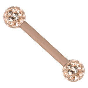 Barbell plaqué or rose avec boules en cristal scintillantes sur fond blanc