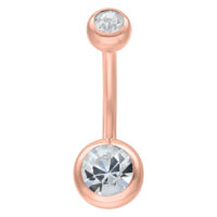 Double piercing de nombril avec cristaux, or rose Piercing de nombril en or rose avec deux cristaux clairs sur fond blanc
