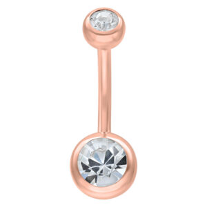 Piercing de nombril en or rose avec deux cristaux clairs sur fond blanc