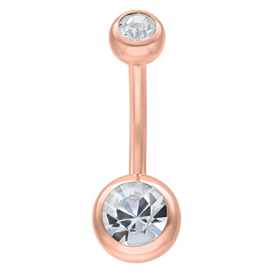 Double piercing de nombril avec cristaux, or rose Piercing de nombril en or rose avec deux cristaux clairs sur fond blanc