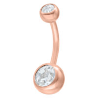 Banane de nombril à double cristal en or rose Banane de nombril en or rose avec deux cristaux clairs sur fond blanc
