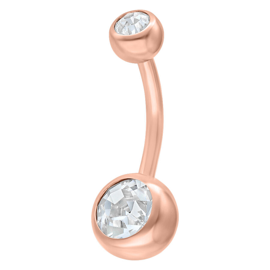 Banane de nombril à double cristal en or rose Banane de nombril en or rose avec deux cristaux clairs sur fond blanc