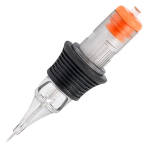 Cartouche Round Liner en acier chirurgical avec poignée noire et pointe orange.