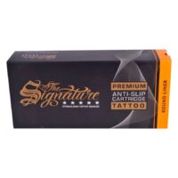 Cartouches Round Liner en boîte noire Boîte noire avec inscription dorée 'The Signature' et bord orange, sur fond blanc