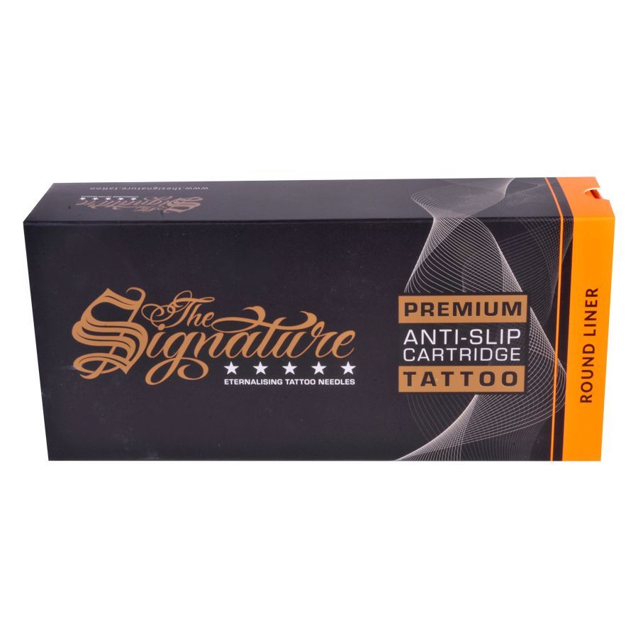 Cartouches Round Liner en boîte noire Boîte noire avec inscription dorée 'The Signature' et bord orange, sur fond blanc