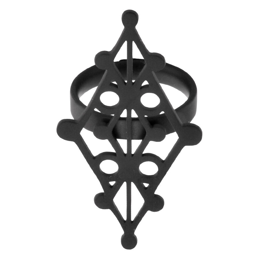 Bague Rune Witchcraft noire en acier chirurgical avec design géométrique sur fond blanc