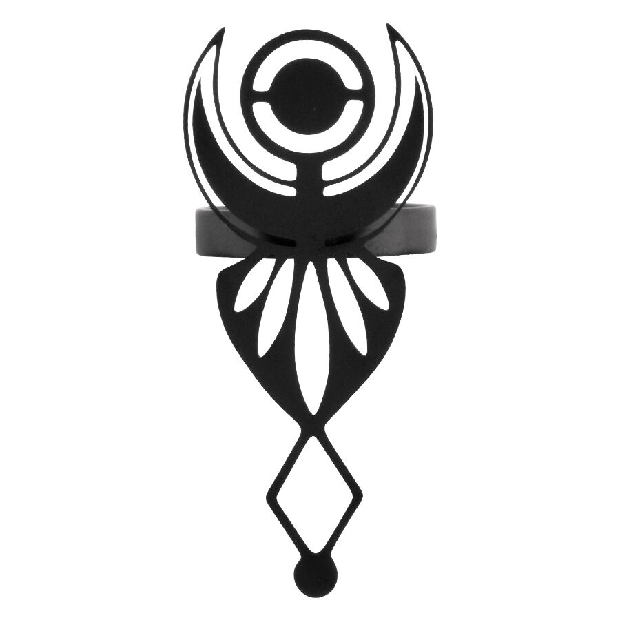 Bague Wicca Sacrée Noire en Acier Chirurgical Bague noire avec symbole Wicca, en acier chirurgical, sur fond blanc