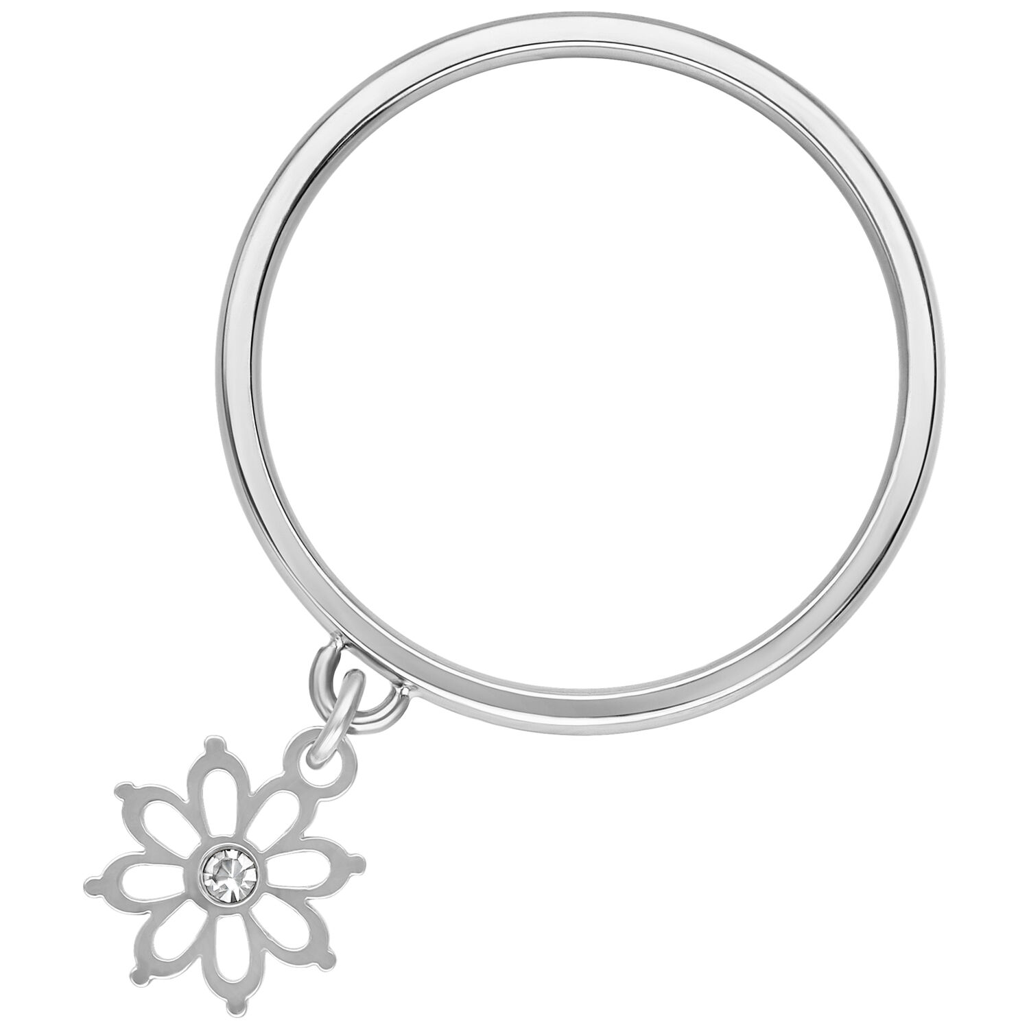 Bague Fleur Pendante en Acier Chirurgical Argenté Bague en argent avec pendentif en forme de fleur en acier chirurgical sur fond blanc