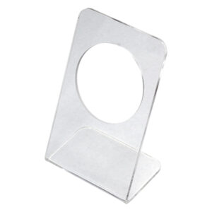 Présentoir en acrylique transparent avec ouverture circulaire sur fond blanc