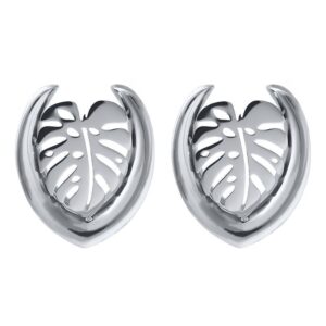Ear Saddles argentés avec design Monstera sur fond blanc