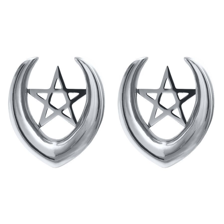 Écarteurs d'oreilles argentés avec design pentagramme, taille 6,0 mm, sur fond blanc