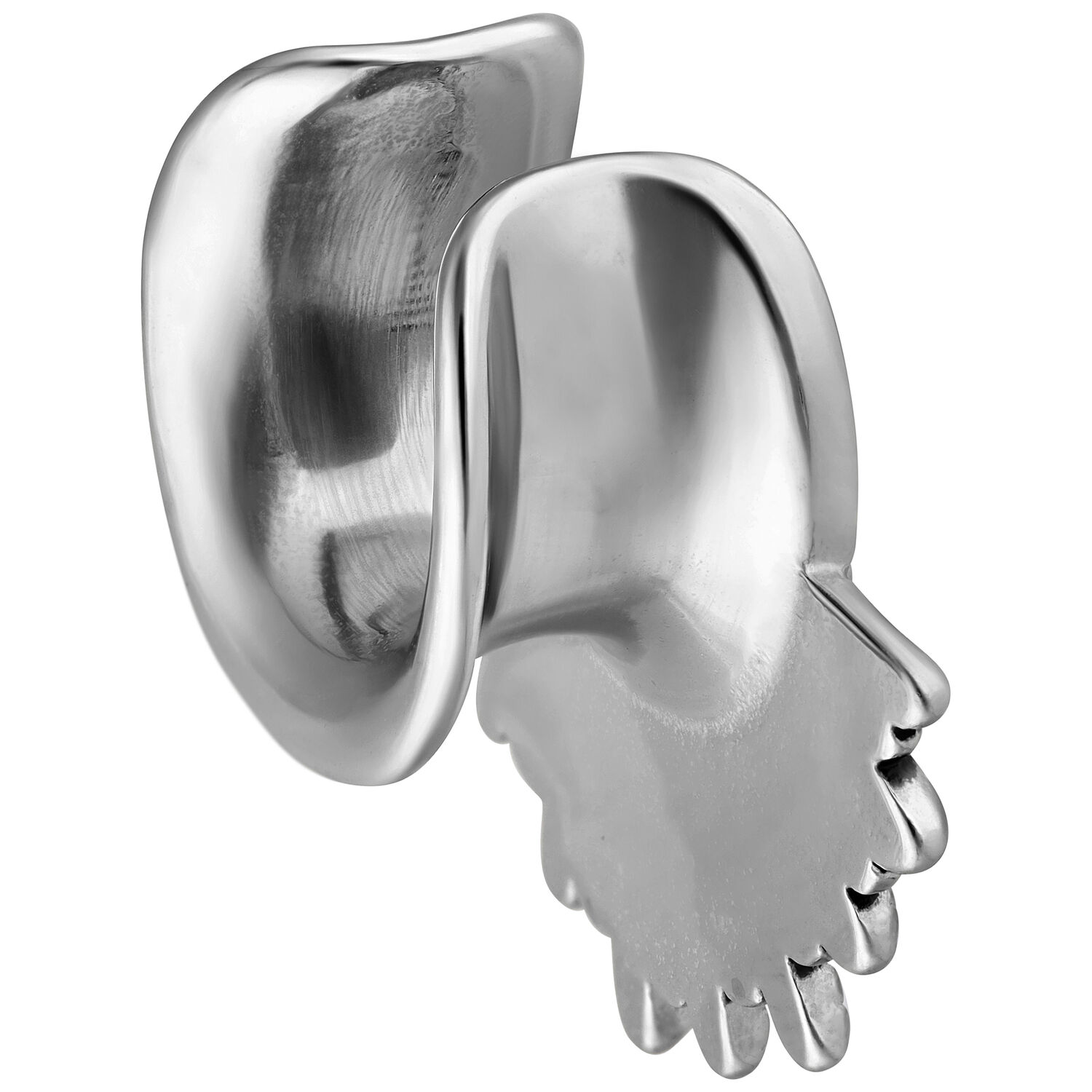 Indiana Earsaddles en acier chirurgical argenté Indiana Earsaddles argentées en acier chirurgical 316L sur fond blanc