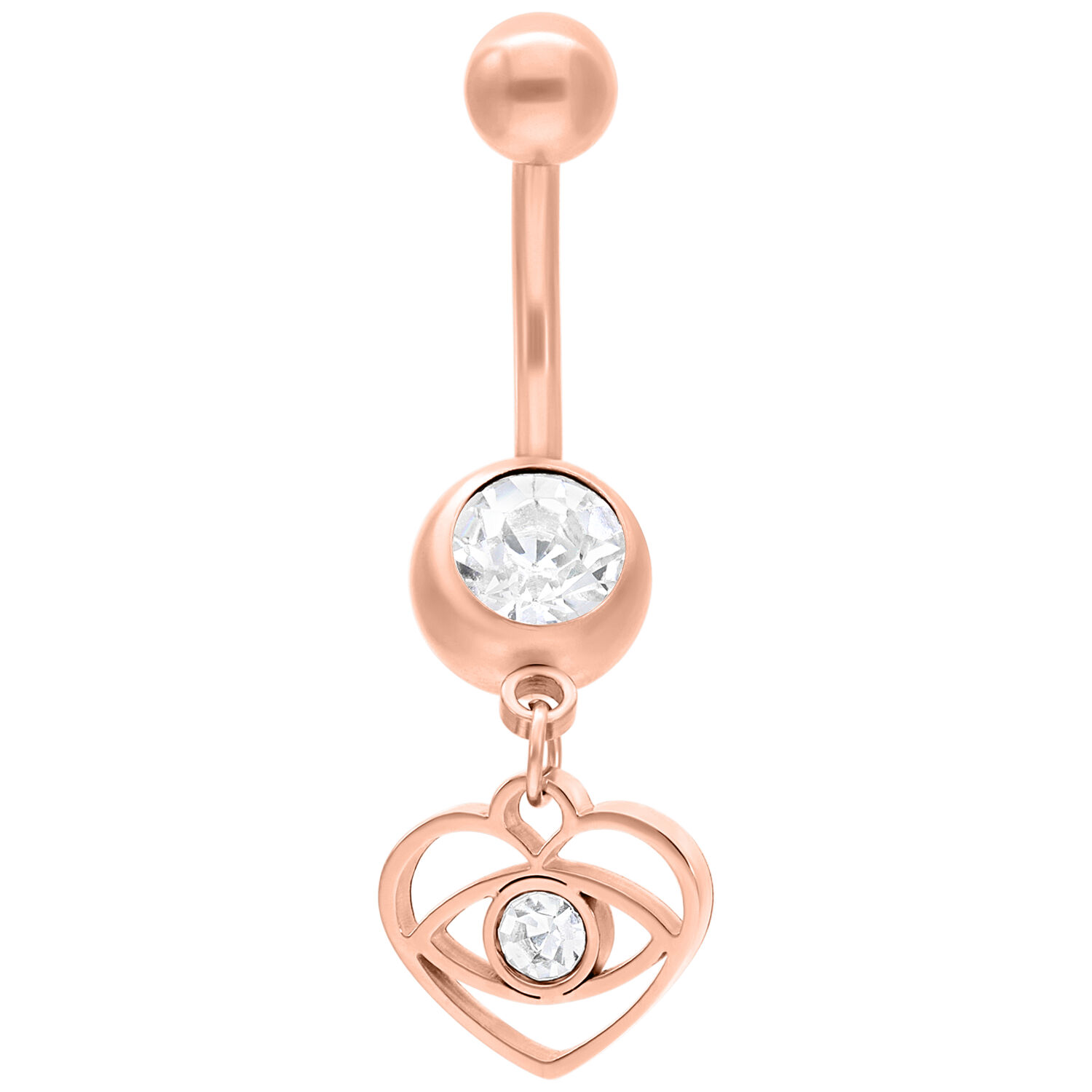 Bananabell en or rose avec cristal clair et design de cœur suspendu sur fond blanc