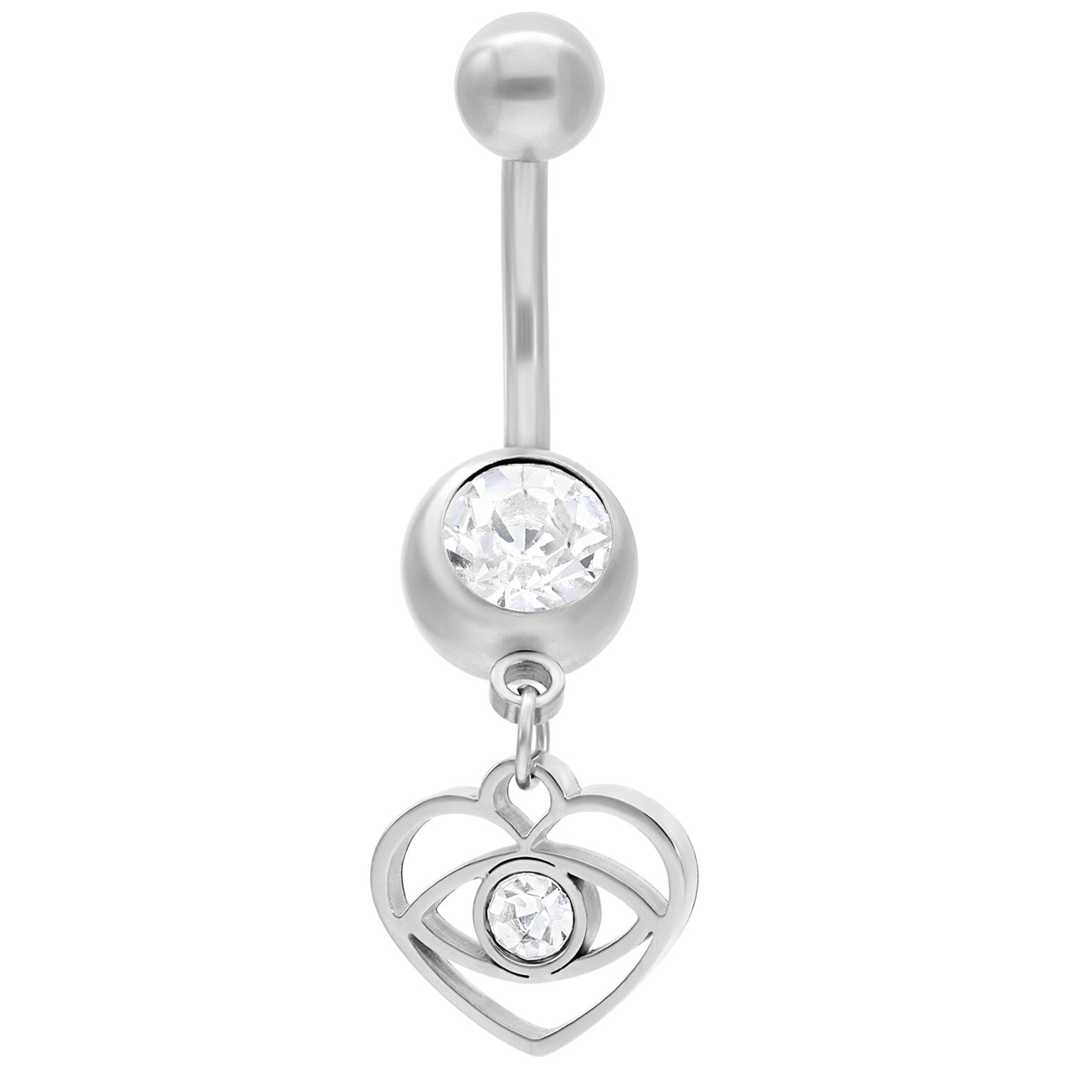 Banane en argent avec cristal et pendentif cœur suspendu sur fond blanc