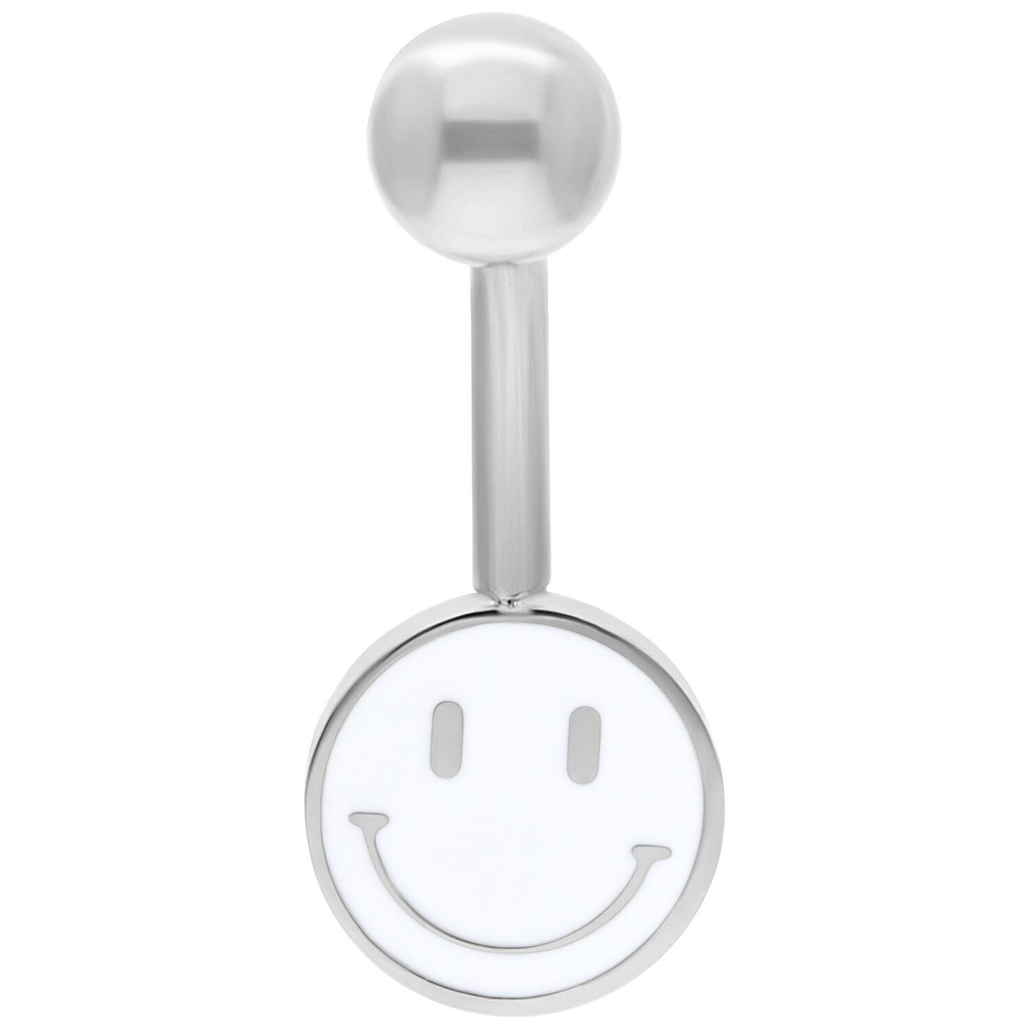 Piercing de nombril argenté avec pendentif Smiley blanc sur fond blanc