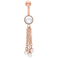 Piercing de nombril en or rose avec pendentif perle Piercing de nombril en or rose avec pendentif perle, longueur 10 mm, sur fond blanc
