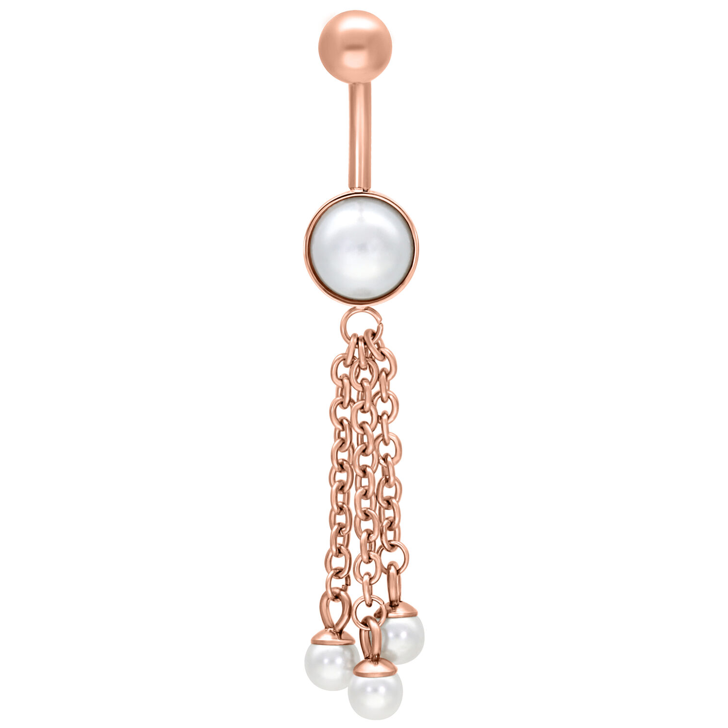 Piercing de nombril en or rose avec pendentif perle Piercing de nombril en or rose avec pendentif perle, longueur 10 mm, sur fond blanc