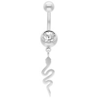 Piercing de nombril en argent avec cristal et pendentif serpent sur fond blanc