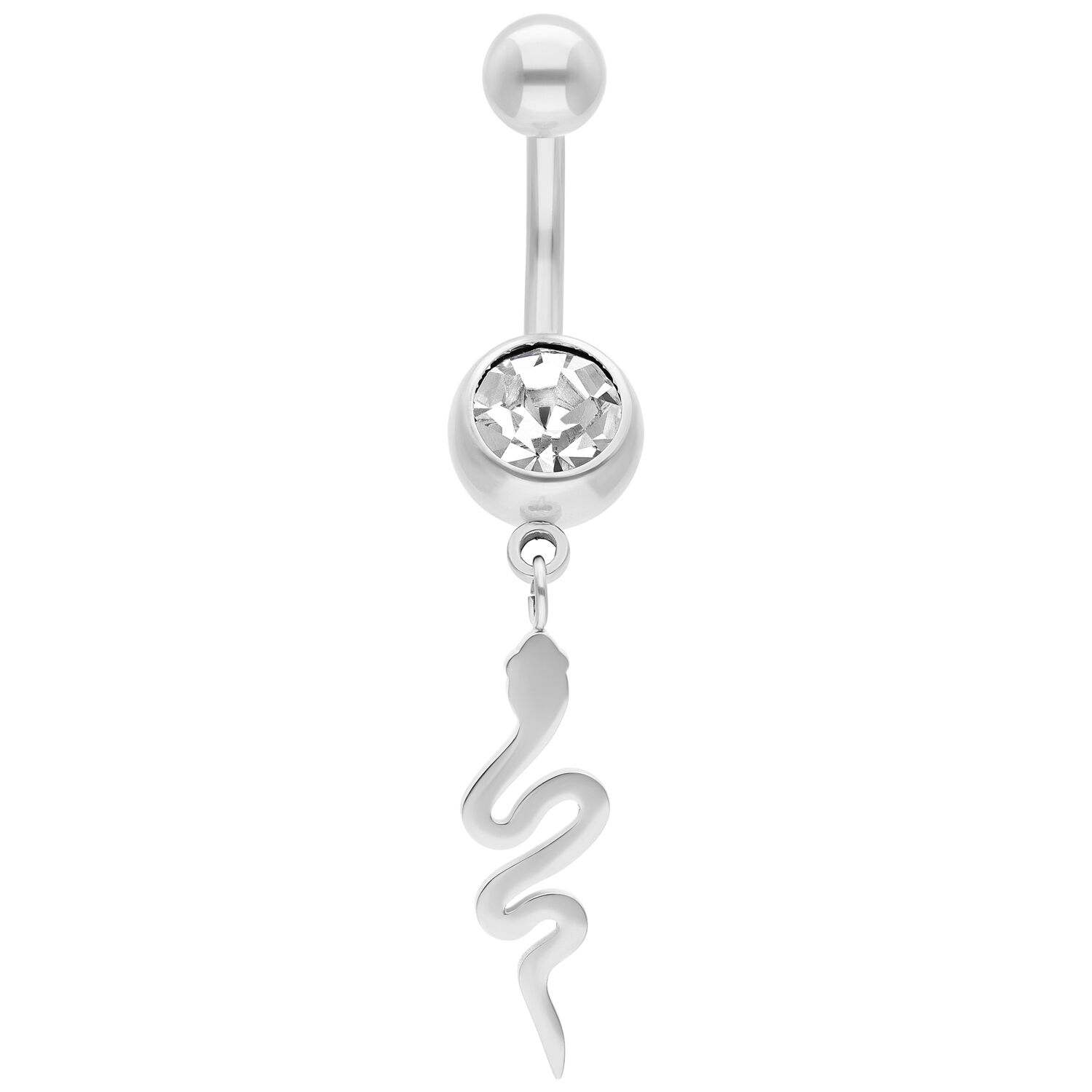 Piercing de nombril en argent avec cristal et pendentif serpent sur fond blanc