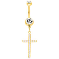 Piercing nombril doré avec pendentif croix scintillant sur fond blanc