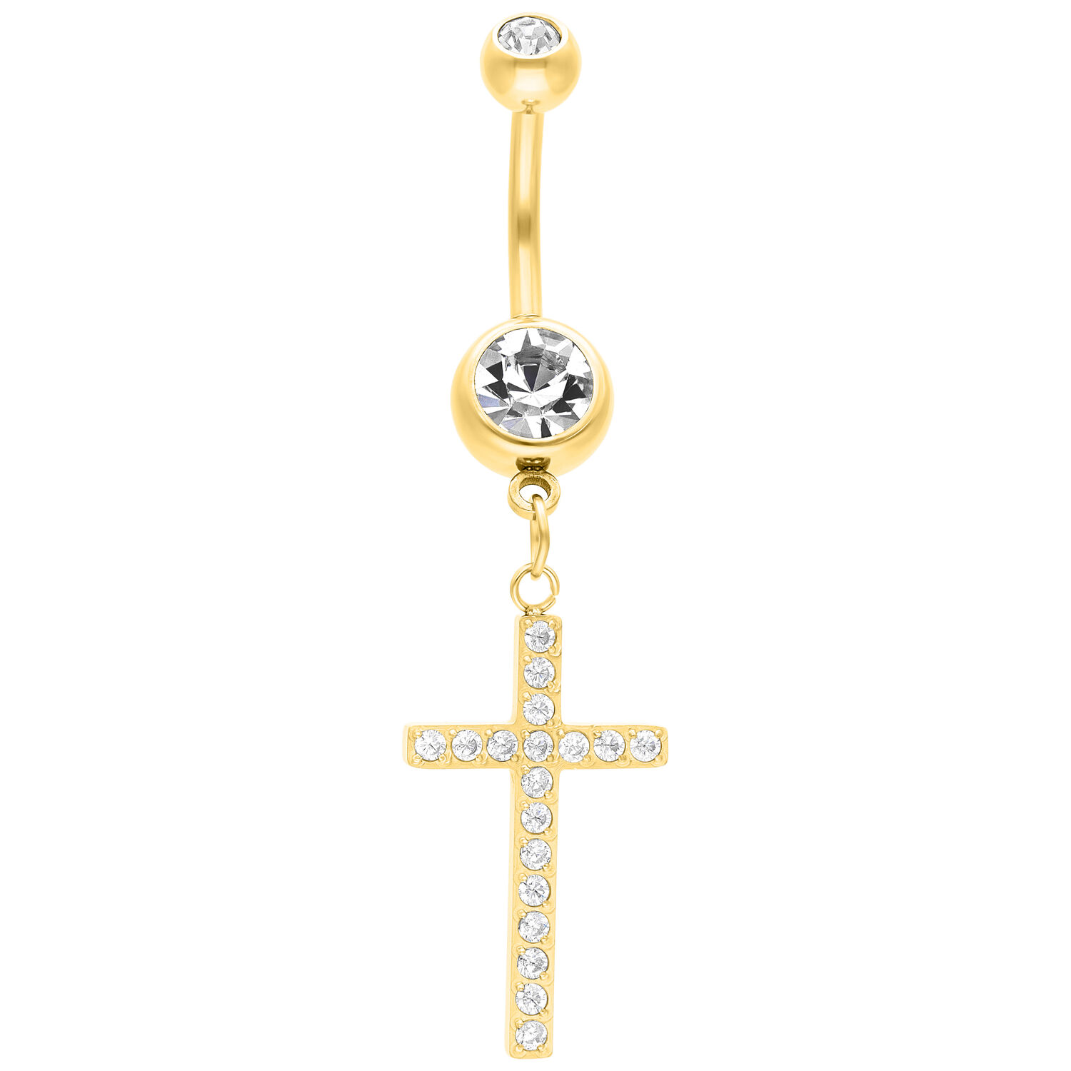 Piercing nombril doré avec pendentif croix scintillant sur fond blanc