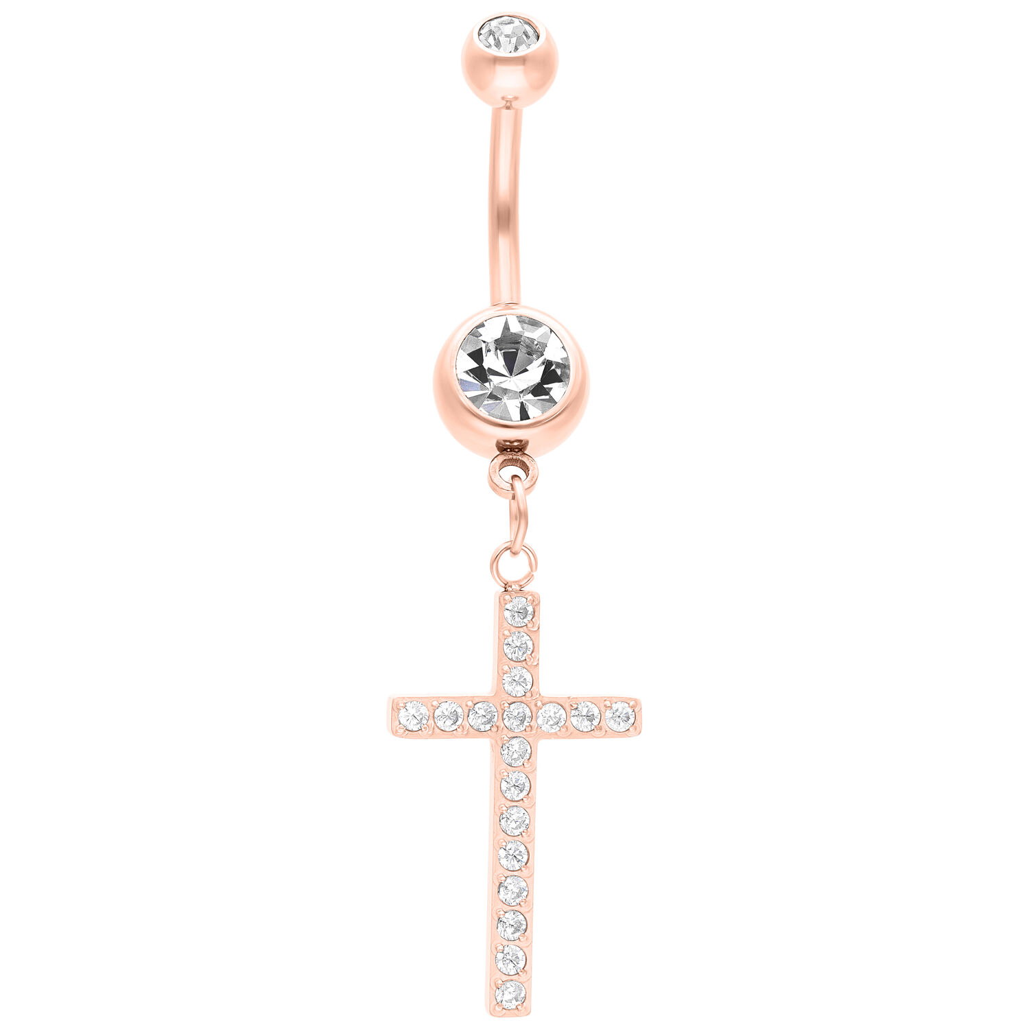 Piercing de nombril en or rose avec pendentif croix et cristaux clairs sur fond blanc