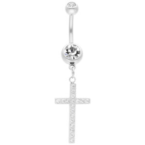 Piercing nombril argenté avec croix pendante et cristaux clairs sur fond blanc